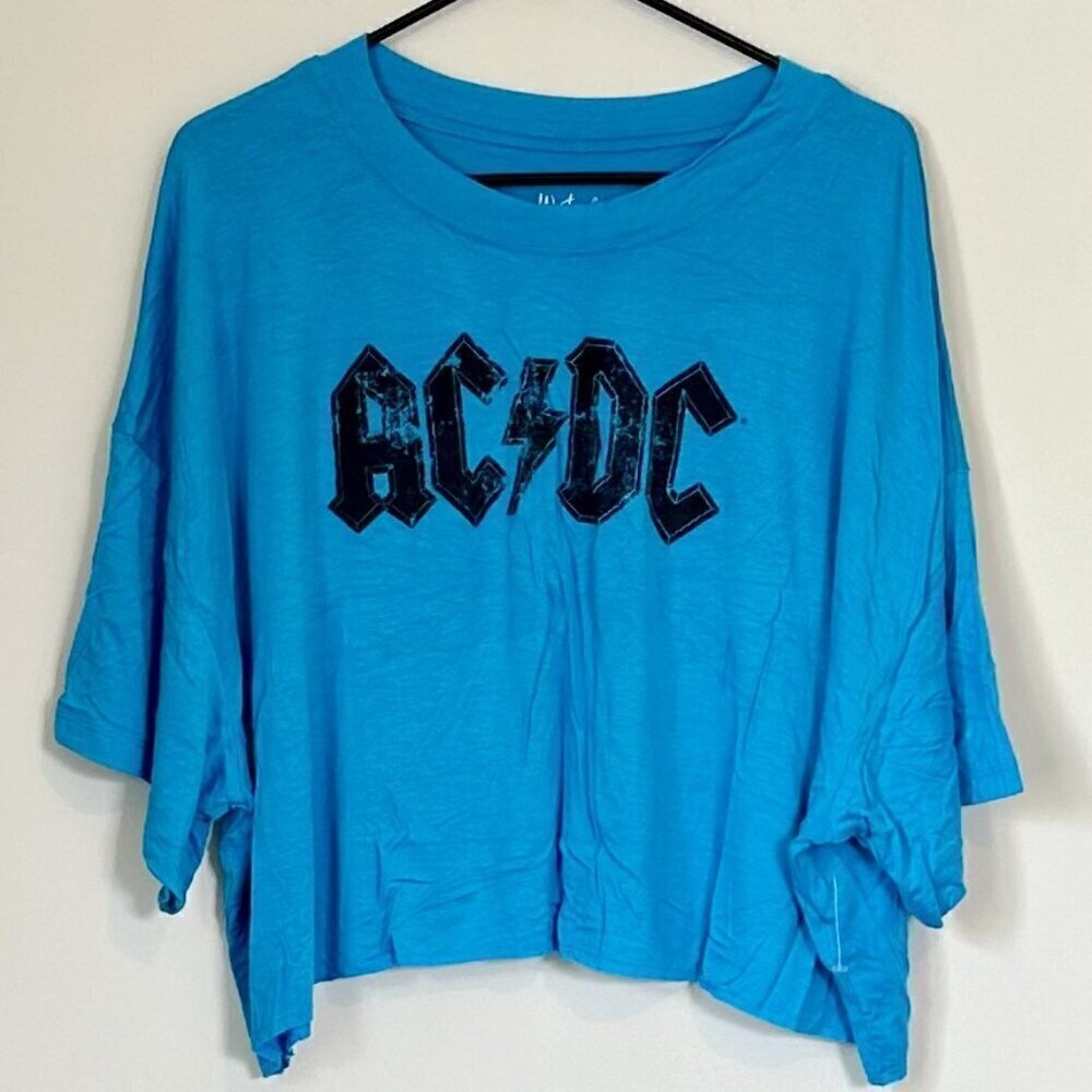 NEW Wst Cst Nordstrom Boxy Crop Oversized Turquoise Blue AC/DC Shirt - Large
